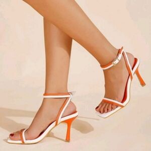 Stiletto Sandals High Heel Shoes in White & Orange Colorblock